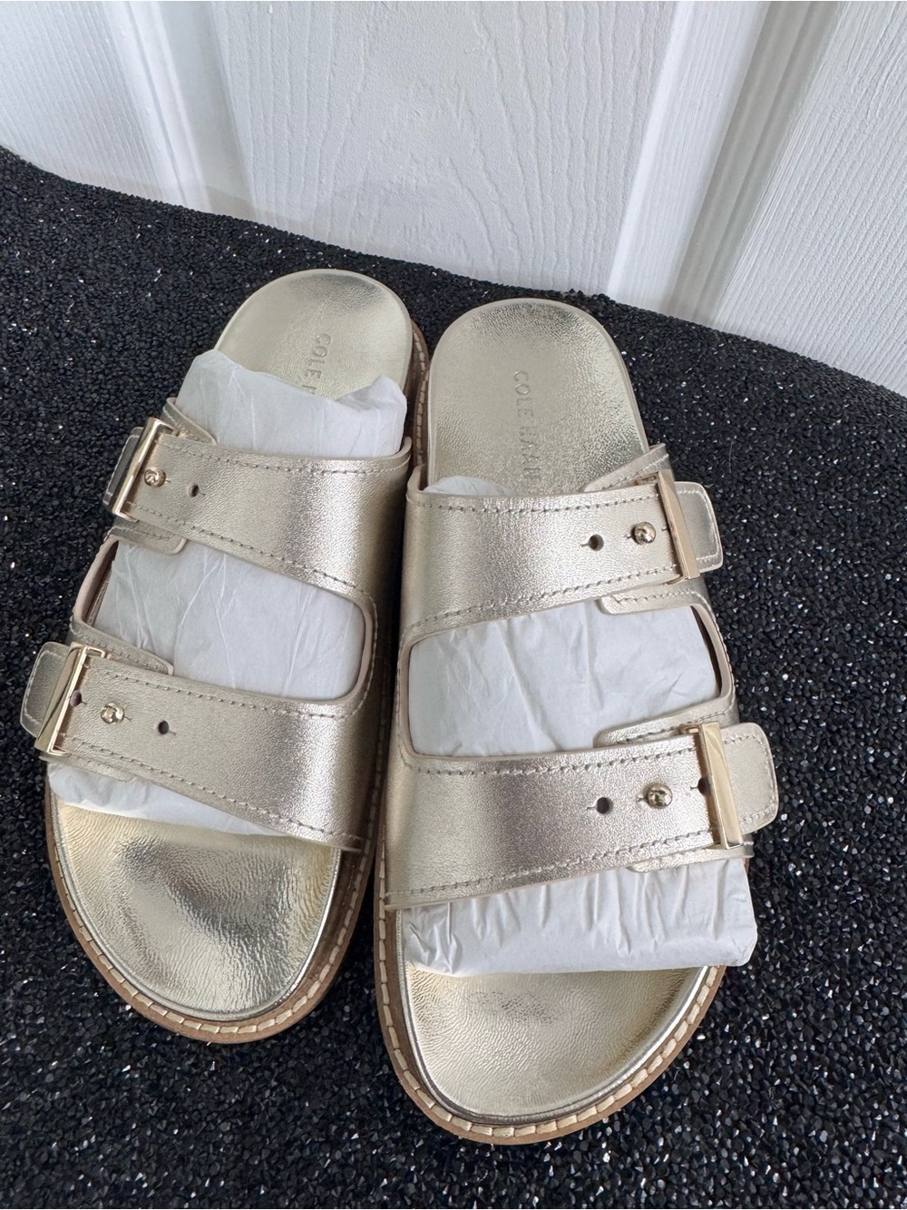 Cole Haan Metallic Gold Double-Buckle Slide Sandals